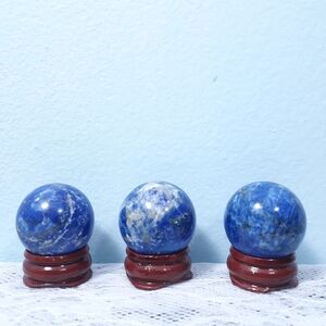 Set 3 Lapis Lazuli Healing Crystal Ball Sphere blue white gold Stones w stands